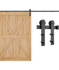 10Ft Barn Door Hardware Kit For 60 Inch Wide Doors With I Shape Hangers shown with wooden door, heavy duty carbon steel track.