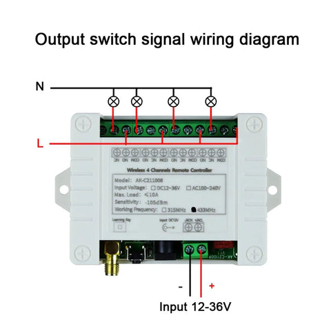 Four Channel Wireless Remote Control Switch Kit 433MHz 12V 24V 36V 10A Receiver With Two Transmitters For Garage Doors Motors Industrial Equipment And Home Automation Simple Install Wide Voltage Range Durable Build wiring diagram, 4-channel receiver