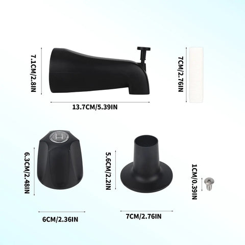 Matte black Shower Trim Kit for Three Handle Tub Shower Faucets showing spout, hot knob, base, and screw dimensions.