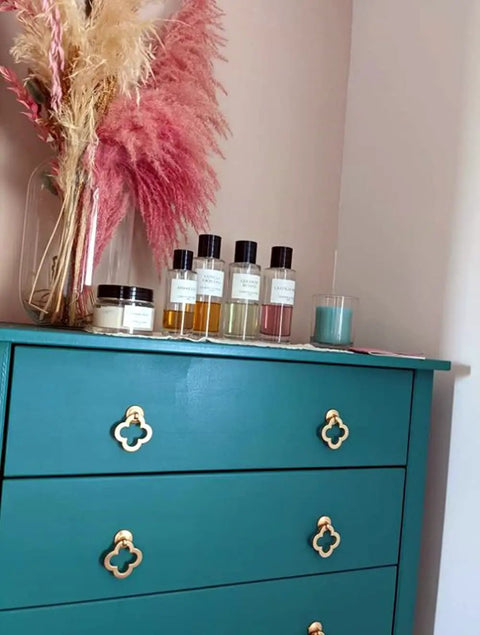 Set Of 6 Gold Color Bronze Alloy Cabinet Knobs With 4 Leaf Clover Design 50mm Drawer Pulls For Kitchen Cupboards Wardrobes And Dressers Screws Included Sleek Modern Hardware For Home Decor Upgrade on teal dresser