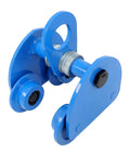 Blue steel Beefed-Up 1 Ton Dual-Wheel I-Beam Trolley With Adjustable Width, Heavy Duty Steel Roller Hoist, side view.