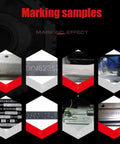 Heavy Duty Pneumatic Dot Peen Marking Machine With No Sweat Digital Control For Crisp Vin Code And Chassis Stamping On Hard Metal showing various marking samples.