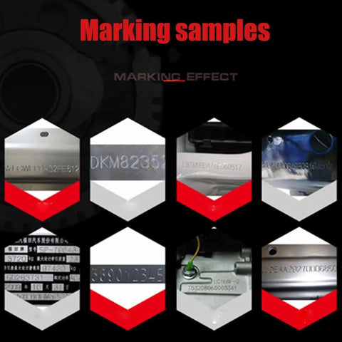 Heavy Duty Pneumatic Dot Peen Marking Machine With No Sweat Digital Control For Crisp Vin Code And Chassis Stamping On Hard Metal showing various marking samples.