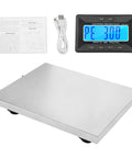 Commercial Grade Digital Shipping Scale With Wireless Display And Bullyproof Stainless Steel Platform 992 Lb Heavy Duty Postal Scale view with screen, manual, and USB cable.