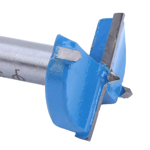 Close-up view of Concealed Hinge Jig 35mm Drilling Guide For Frameless Cabinets And Wardrobes, shown in blue and metal.