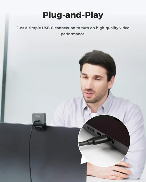 Next Level 4K USB Camera For PC With Plug And Play Setup connected via USB-C to a monitor, showing setup convenience for streaming.