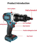 Brushless Riveting Gun Electric Rivet Nut Tool Kit With Automatic Riveter Heads M6 M8 M10 shown with labeled features