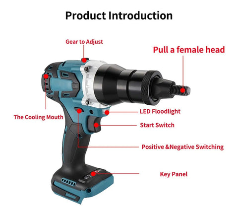 Brushless Riveting Gun Electric Rivet Nut Tool Kit With Automatic Riveter Heads M6 M8 M10 shown with labeled features