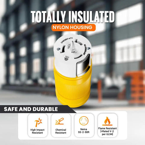 Top Shelf Heavy Duty 50 Amp Generator Cord With Twist Lock Female Plug 125 To 250 Volt Industrial Grade grounded nylon housing plug.