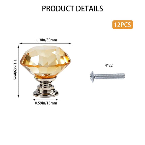 Upgrade Your Cabinets With These Slick Yellow Crystal Drawer Knobs Featuring Diamond Cut Design Solid Aluminum Base And Includes Mounting Hardware For Fast Easy Installation To Totally Elevate Your Entire Decor Game, showing dimensions and screw.
