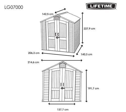 Built Tough Outdoor Storage Shed 7 x 4.5 Ft With Steel Reinforced Construction, Maintenance Free Double Wall HDPE, Floor Included diagram