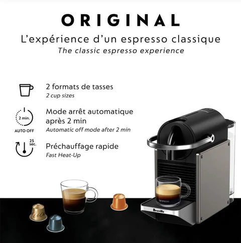 Pixie Original Espresso Machine Titan Finish For Home Use With Quick 25 Second Heat Up Two Programmable Buttons And Auto Flow Stop Energy Saving Auto Shutoff Barista Quality Espresso At Home Without The Fuss, shown with espresso cups.