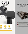 Comparison of solid construction matte black cabinet knob vs hollow competitor, highlighting durability and design benefits.