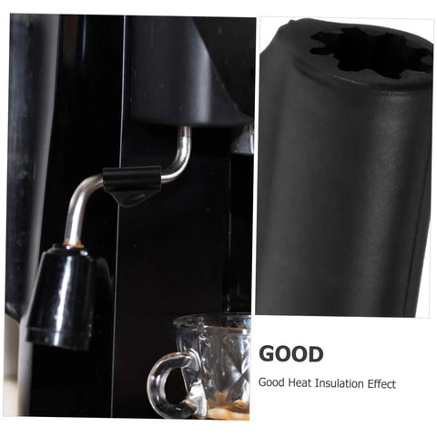 Close-up of Steam Wand Rubber Sleeve For Coffee Machine Accessories Kit With Pipe Insulation Tube And Elbow Cut Guide on machine.