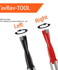 Front view: TavRav wood drilling bits, 2pc brad-point, left-right rotation; black and red handles.