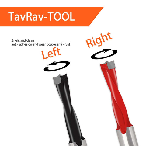 Front view: TavRav wood drilling bits, 2pc brad-point, left-right rotation; black and red handles.