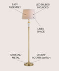 61 Inch Brass Gold Crystal LED Floor Lamp With White Linen Drum Shade, Traditional Slim Metal Standing Light For Living Room