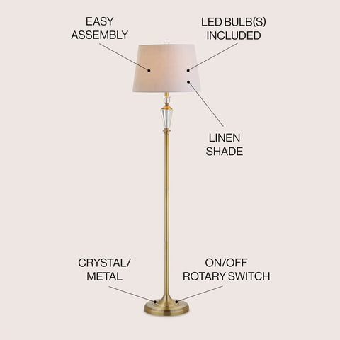 61 Inch Brass Gold Crystal LED Floor Lamp With White Linen Drum Shade, Traditional Slim Metal Standing Light For Living Room