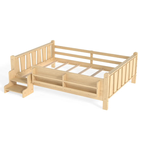 Toddler Floor Bed With Storage Bookcases And Easy Access Stairs Safe Guardrails All Around No Box Spring Needed Light Natural Finish