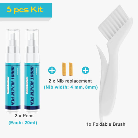 Grout Renewal Pen White Kit For Tile Gaps, Two 20ml Pens With Replacement Nibs And Cleaning Brush, Easy Touch Up Repair Marker