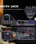 48V/5V Jack feature on Lit 4 Channel Karaoke Mixer with Dual UHF Wireless Mics and USB Audio Interface