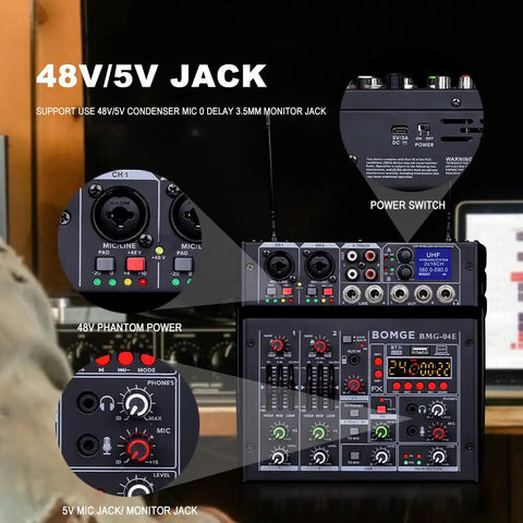 48V/5V Jack feature on Lit 4 Channel Karaoke Mixer with Dual UHF Wireless Mics and USB Audio Interface