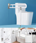 Foldable 29.5 Inch Handicap Grab Bars Rails With Flip Up Arm Rails And Anti Slip Grip For Shower Safe Support For Elderly Pregnant Women And Disabled Easy Install shown installed beside a toilet.