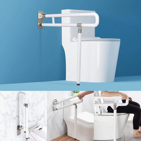 Foldable 29.5 Inch Handicap Grab Bars Rails With Flip Up Arm Rails And Anti Slip Grip For Shower Safe Support For Elderly Pregnant Women And Disabled Easy Install shown installed beside a toilet.