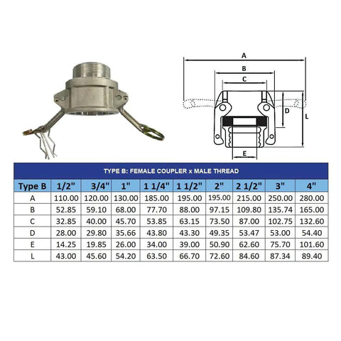 Cam And Groove Aluminum Hose Fitting Type B Female Coupler To One And A Quarter Inch NPT Male Thread, 250 PSI Rating, diagram