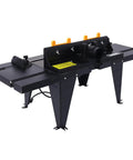 Heavy Duty Benchtop Router Table Packs A Rock Solid Cast Iron Top And Tight Adjustable Fence For Precision Woodworking, front view with extension wings.