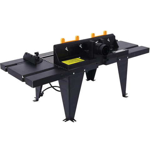Heavy Duty Benchtop Router Table Packs A Rock Solid Cast Iron Top And Tight Adjustable Fence For Precision Woodworking, front view with extension wings.