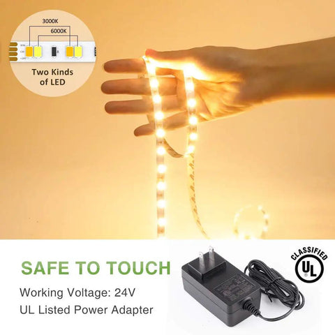 Hand holding 40ft Tunable White LED Strip Light With 1344 LEDs, Dimmable 3000K To 6500K, 24V Flexible Tape, RF remote beside adapter