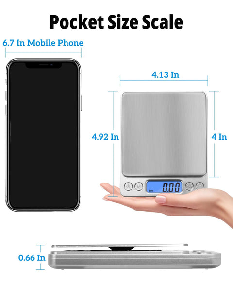 Grab-And-Go Pocket Size Digital Scale 500G 0.01G Precision with LCD display, compared to mobile phone, stainless steel platform.