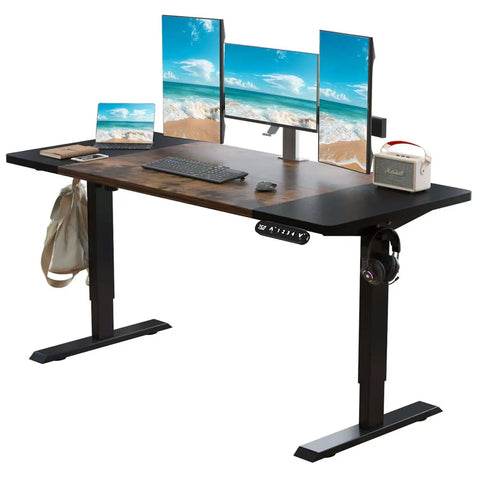 Mobility First Electric Standing Desk Height Adjustable Sit Stand Workstation With Mobile Casters Smooth Glide Ergonomic Home Office Space Saver Brown Build Total Game Changer with multiple monitors and keyboard.