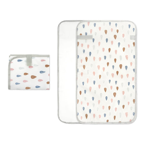 Portable Baby Changing Pad With Waterproof, Wipeable Surface For On The Go Parents in folded and open views with raindrop design