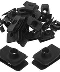 Top Shelf M6 U Style Clip Nuts, 25 Piece Black Automotive Bumper Fender Fastener Kit lying in a pile, carbon steel material.