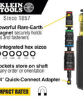 Diagram of Impact Driver Socket Set With Flip Socket And Handle, 7 In 1, showing hex sizes, rare-earth magnet, and quick-connect adapter.
