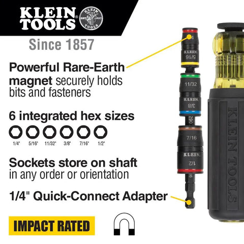 Diagram of Impact Driver Socket Set With Flip Socket And Handle, 7 In 1, showing hex sizes, rare-earth magnet, and quick-connect adapter.