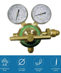 Flame Tech high-pressure piston regulator for nitrogen and argon; forged brass body with dual-scale gauges