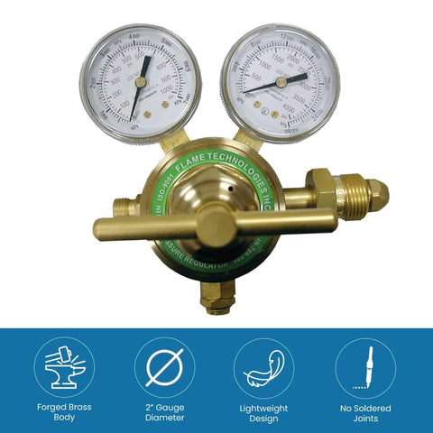 Flame Tech high-pressure piston regulator for nitrogen and argon; forged brass body with dual-scale gauges
