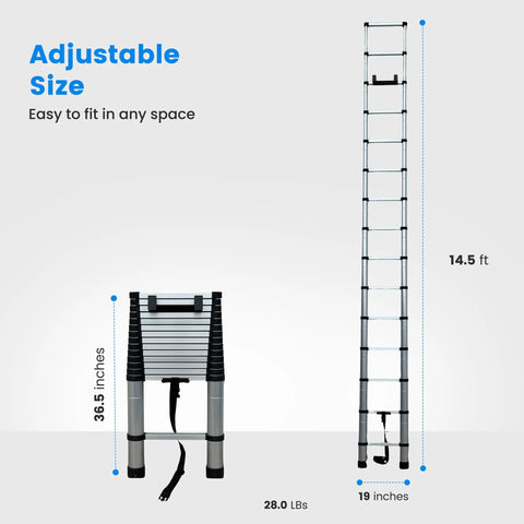 Telescoping Aluminum Ladder 14.5 Feet For RVs And Campers Compatible With Lippert On The Go Units Lightweight Collapsible Extension Ladder With Stabilizers For Roof Access And Outdoor Maintenance, folded and extended
