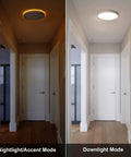 2 Pack 13 Inch LED Flush Mount Ceiling Light With Night Light shown in hallway, nightlight and downlight mode compare