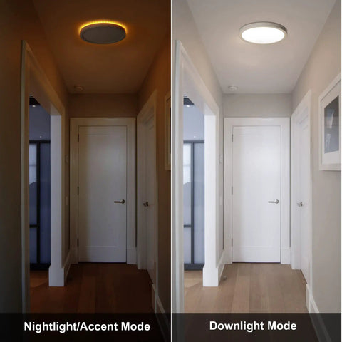 2 Pack 13 Inch LED Flush Mount Ceiling Light With Night Light shown in hallway, nightlight and downlight mode compare