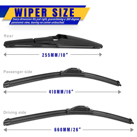 Top Shelf Front Windshield Wiper Blades For Toyota Rav4 2013 To 2018 sizes of driving, passenger, and rear blades displayed.