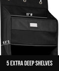 Close-up of Heavy Duty Over The Door Organizer With Five Deep Hanging Shelves, dimensions 15" W x 6.5" D, black fabric.