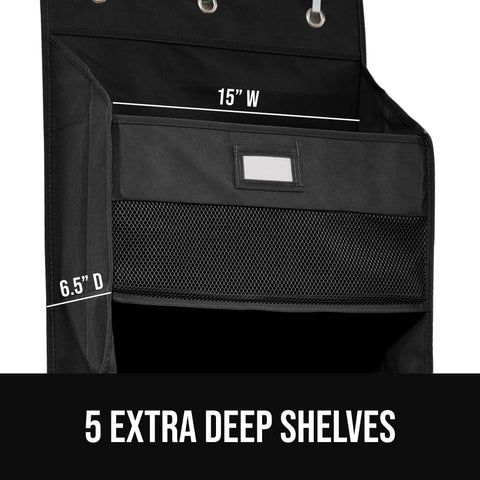 Close-up of Heavy Duty Over The Door Organizer With Five Deep Hanging Shelves, dimensions 15" W x 6.5" D, black fabric.