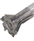 Close-up of a 25mm dovetail milling cutter, carbide end mill with 6 flutes and 60° straight shank