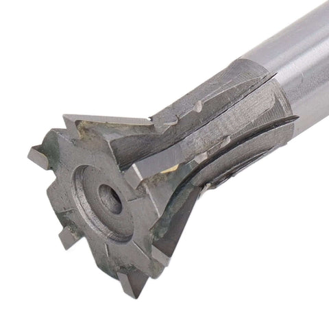 Close-up of a 25mm dovetail milling cutter, carbide end mill with 6 flutes and 60° straight shank