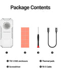 Package contents for Blazing Fast 80Gbps M.2 2280 NVMe Enclosure with turbo cooling fan and accessories including cable and thermal pads.
