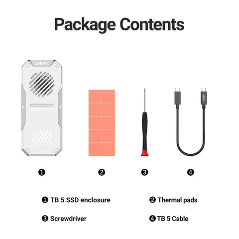 Package contents for Blazing Fast 80Gbps M.2 2280 NVMe Enclosure with turbo cooling fan and accessories including cable and thermal pads.